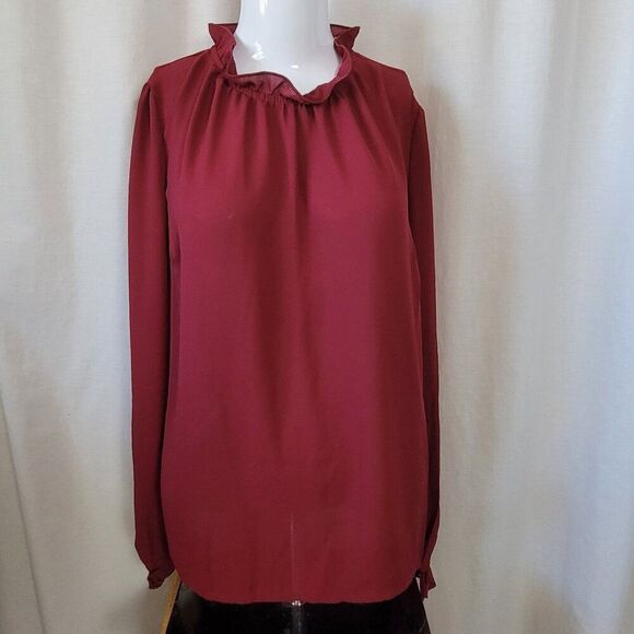 NEW Main Strip Boutique Blouse burgundy ruffle collar semi sheer Small & Large - Picture 1 of 13